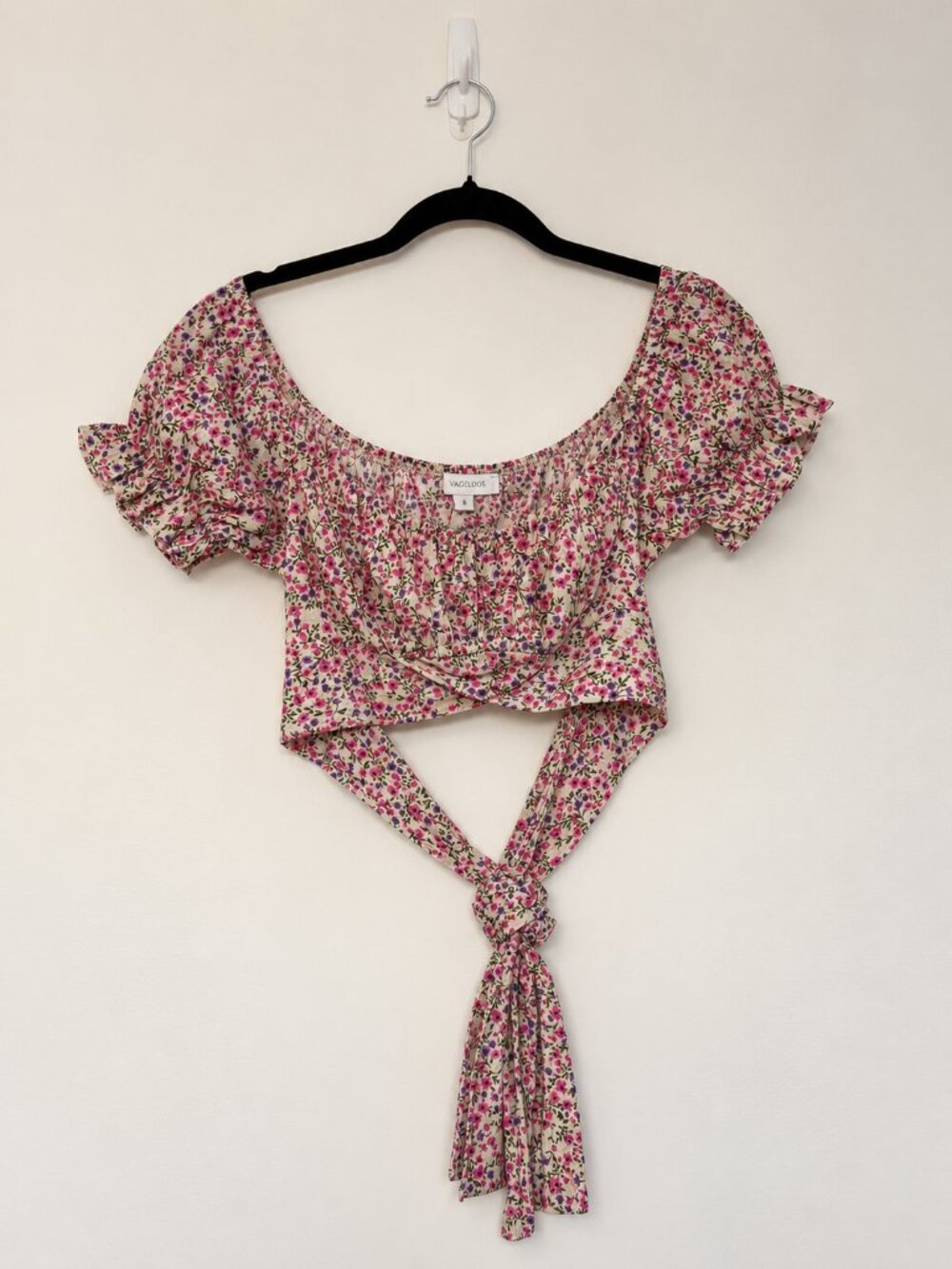 Olivaceous Floral Tie-Front Puff Sleeve Crop Top Size M
